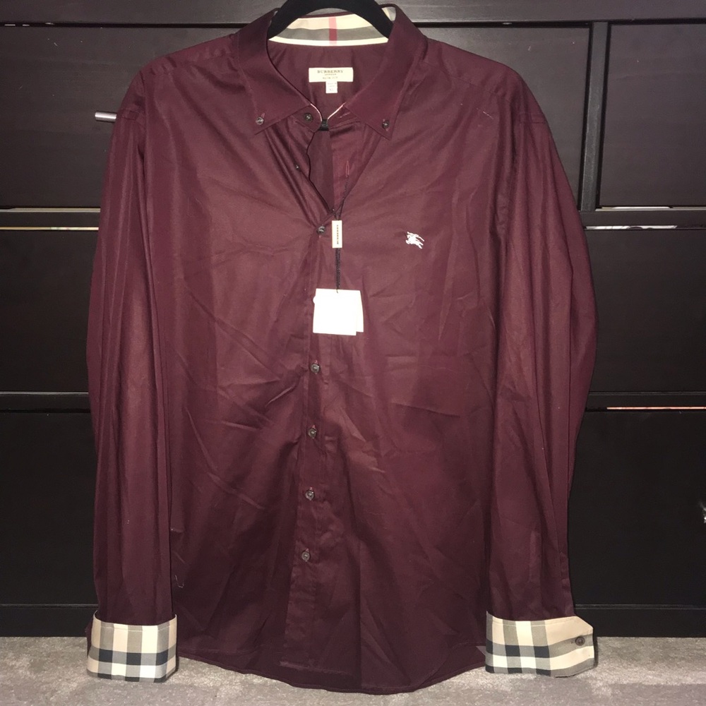 Men’s Burberry Button Down Burgundy Maroon Check